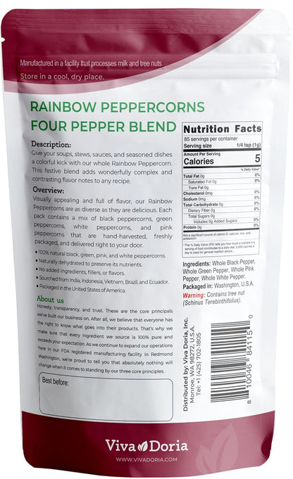 Viva Doria Rainbow Peppercorns - Four Peppercorn Blend, Whole Black, Green, Pink & White | 6 Oz Grinder Refill