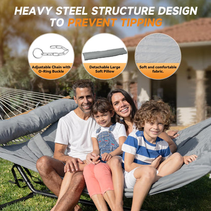 Everyfun 2 Person Outdoor Hammock with Stand, Cotton Rope Hammock with Polyester Pad, Adjustable Steel Frame, Portable with Carrying Bag – for Patio, Backyard, Garden, Beach, Urban-Gray