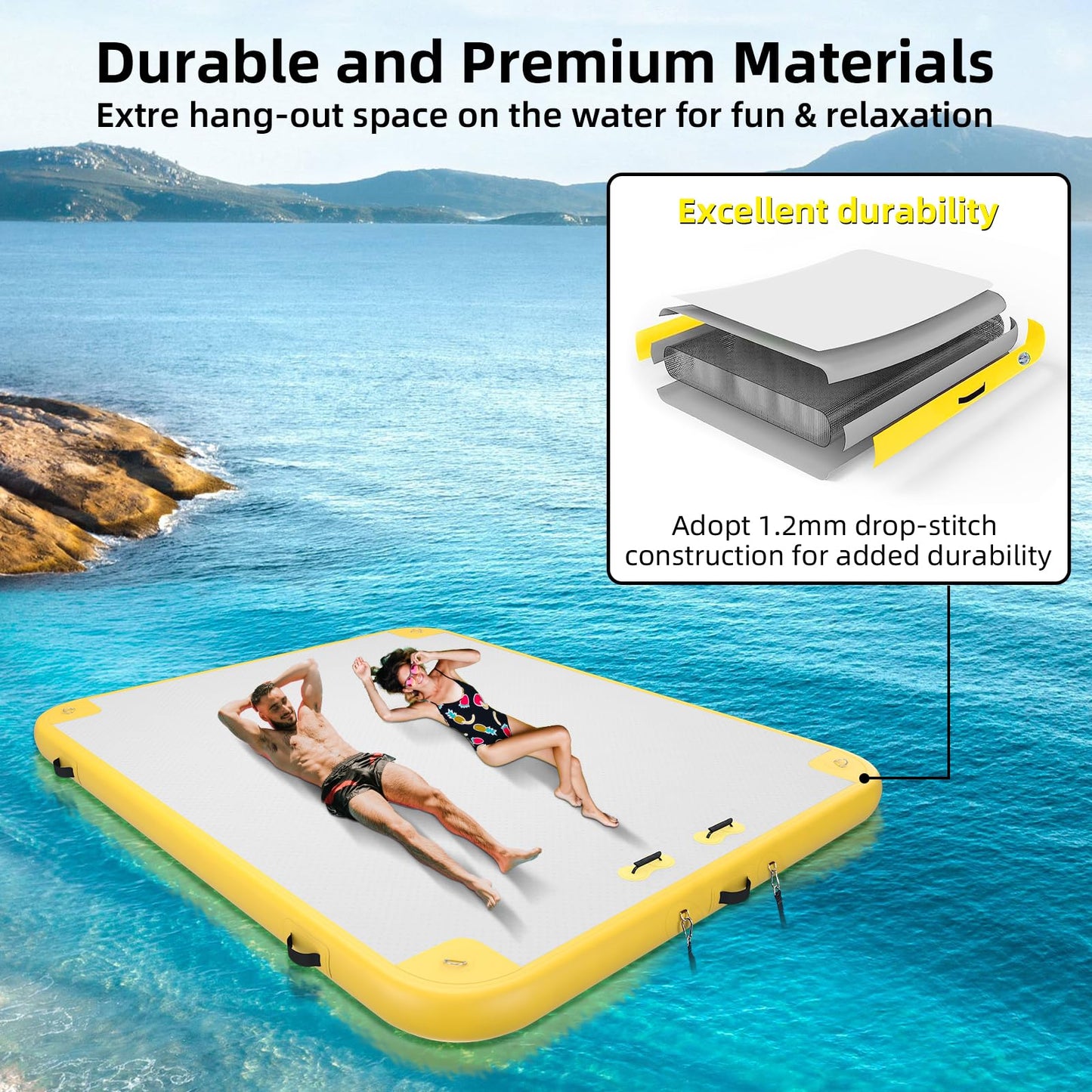 Inflatable Lake Float for Adults, GONFLABLE 12ft Air Floating Dock Platform-Raft for Pool & Beach (Yellow, 6x12 FT)