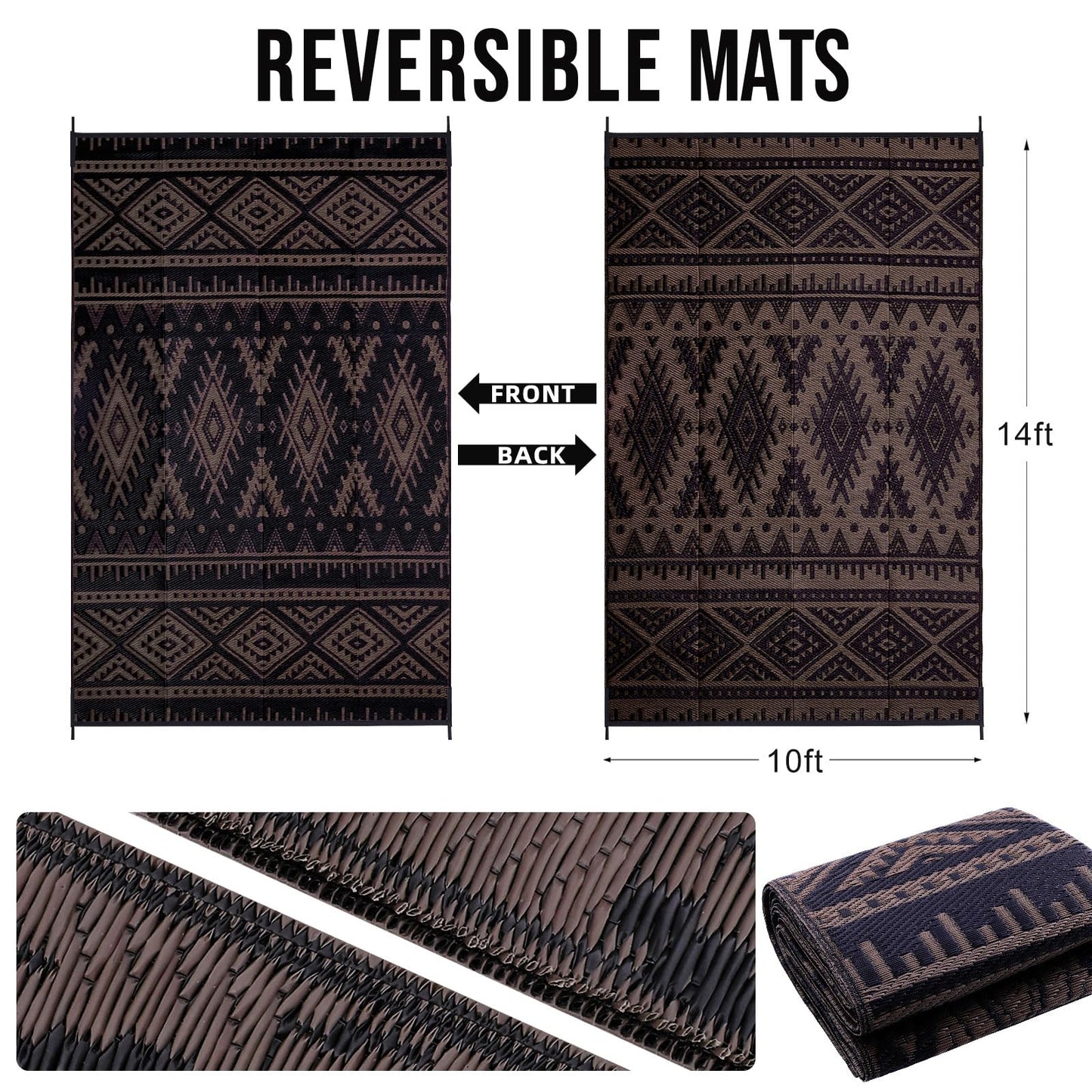 OLANLY Outdoor Rug Waterproof 10x14 ft, Reversible Outdoor Plastic Straw Rug, Boho Patio Rug, Indoor Outdoor Carpet, RV Mat Outside for Patio, Camp, Picnic, Balcony, Deck, Backyard, Black & Brown