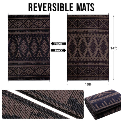 OLANLY Outdoor Rug Waterproof 10x14 ft, Reversible Outdoor Plastic Straw Rug, Boho Patio Rug, Indoor Outdoor Carpet, RV Mat Outside for Patio, Camp, Picnic, Balcony, Deck, Backyard, Black & Brown