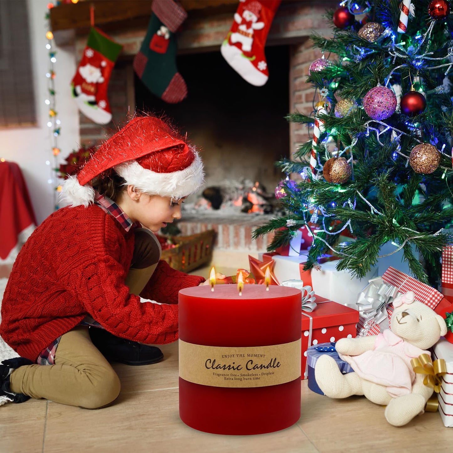 3 Wick Red Extra Large Pillar Candle, 6" x 6", Unscented, Dripless, Smokeless, and Clean-Burning. Approx. 120 Hours of Burn Time. Perfect for Weddings, Dinners, Christmas and Home Decor