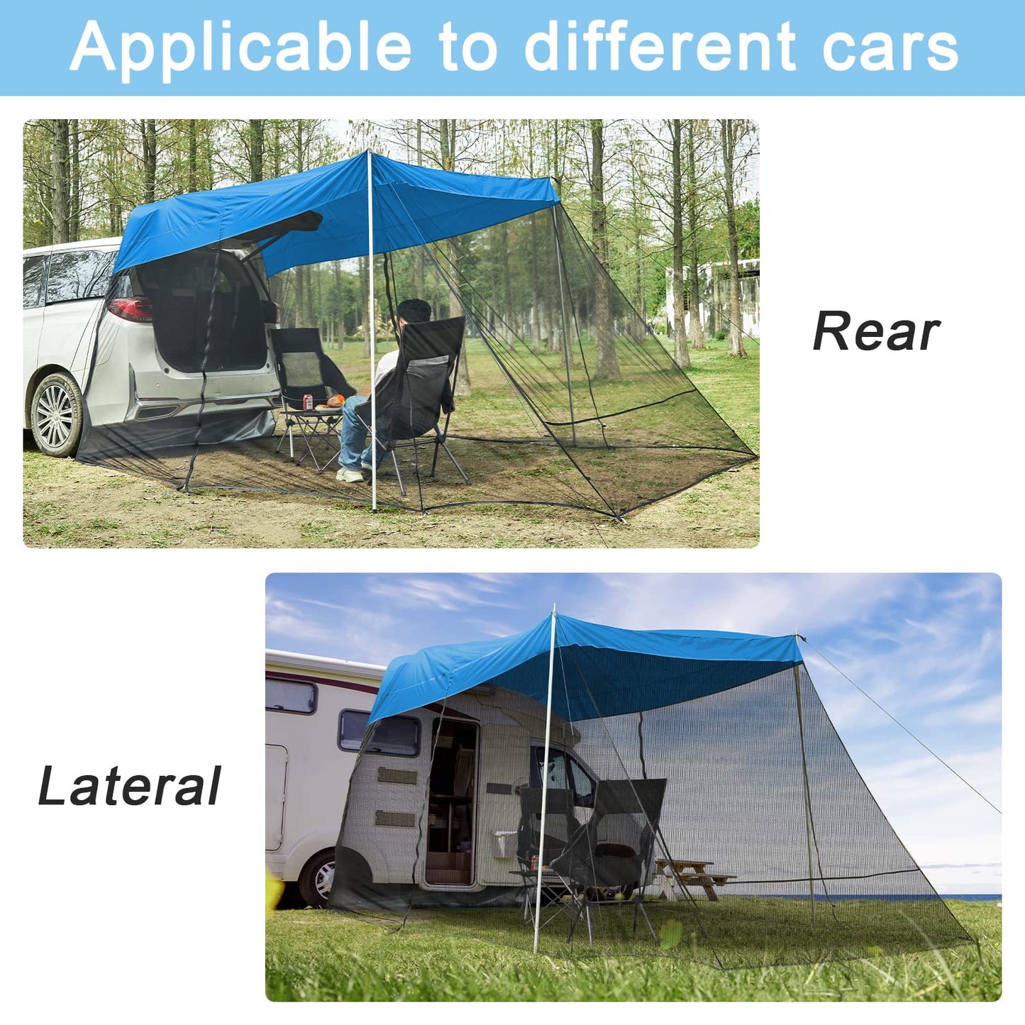 G4Free Car Awning Sun Shelter with Mosquito Net, Portable SUV Tent Tailgate Shade Car Canopy for Outdoor Camping Travel (Blue)