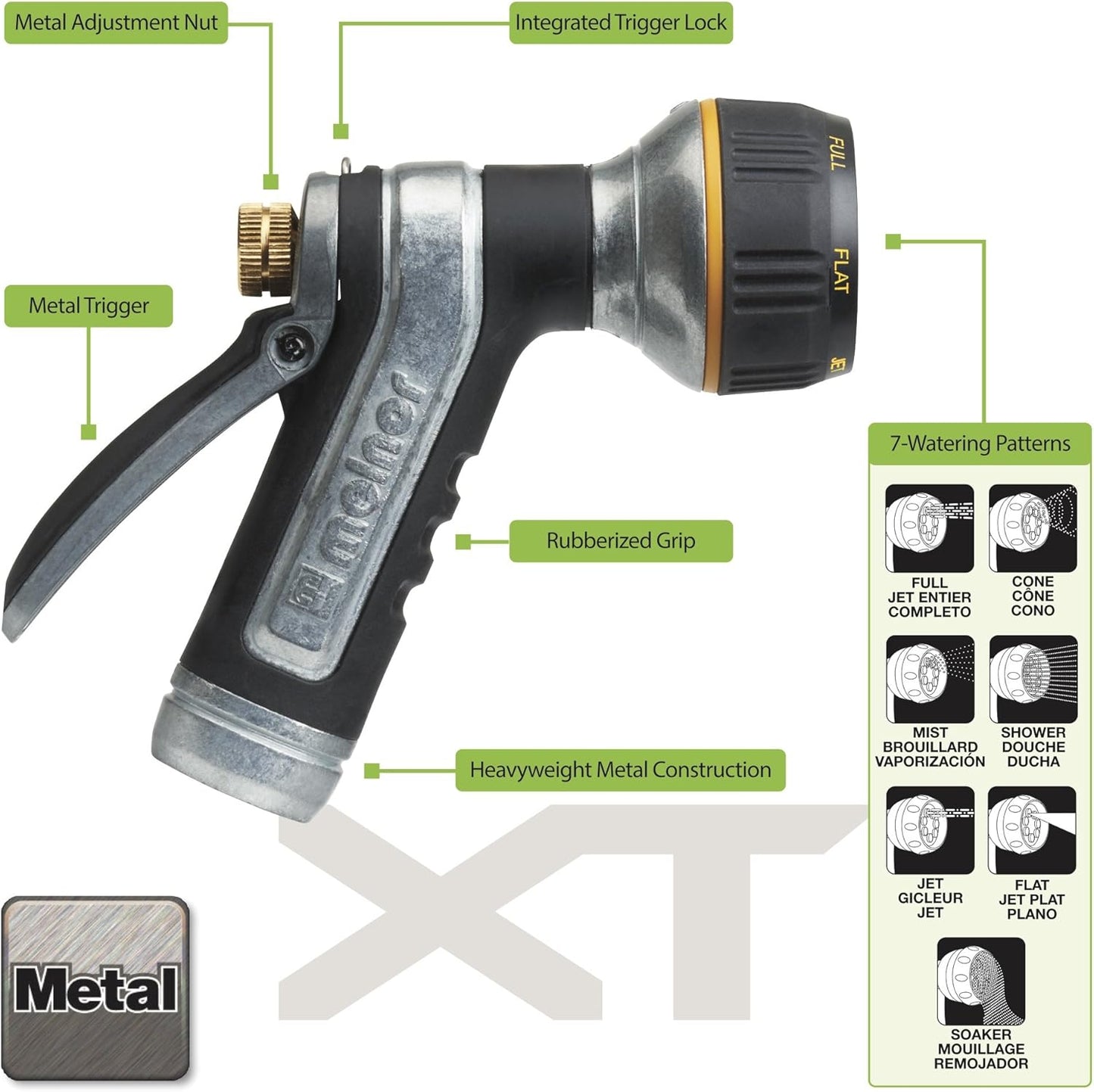 Melnor Metal Nozzle - Multi-Pattern Heavyweight with QuickConnect Adapter | Durable Rear Trigger