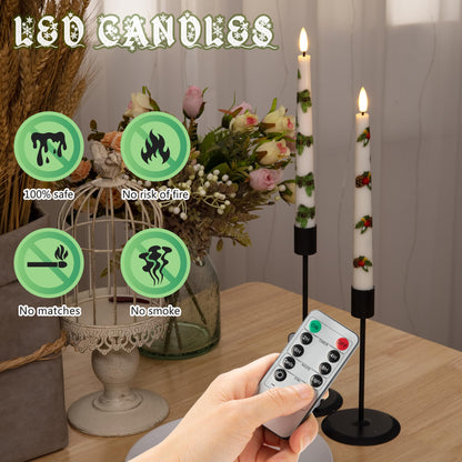 AFINETH Christmas Flameless Taper Candles with Pine Leaves, Pine Cones, Bells, 9.6" Real Wax LED Candles with Remote, 3 Pcs Flickering Battery Operated Candlesticks, Xmas Candle for Home, Party Decor
