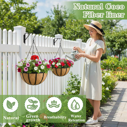Black Flat Iron Metal Hanging Planter Basket with Coco Coir Liner(4 Pack, 14 Inch) Hanging Planters for Outdoor Plants Round Plant Flower Pots Hanging Flower Basket for Outdoor Patio Garden Decoration