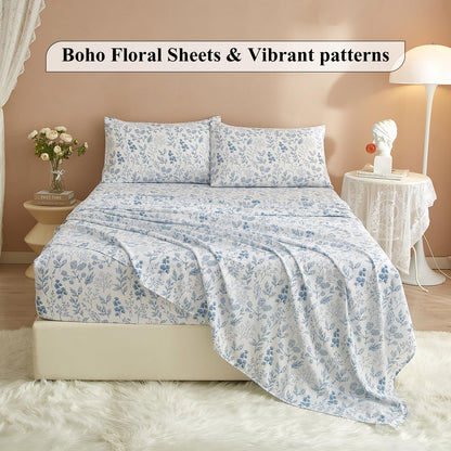 HighBuy 3 Piece Bed Sheets Set Twin XL Sheets White - Extra Soft Blue Floral Sheet Deep Pocket 16" - Luxury Soft Twin XL Sheet & Pillowcase Set - Twin XL Size Bed Cooling