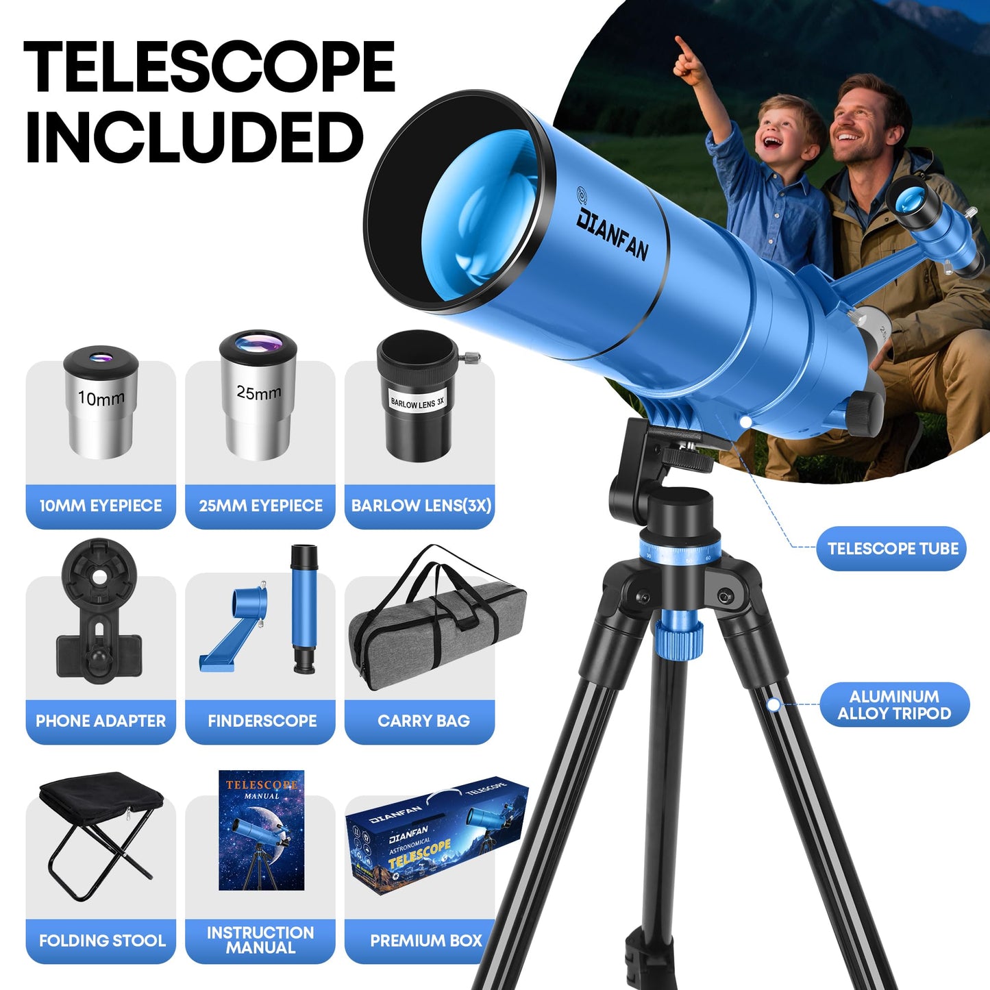 Dianfan Telescope for Kids & Adults, 90mm Aperture 550mm Astronomical Professional Telescope for Adults High Powered, Portable Travel Telescopes for Beginners with Tripod & Adapter, Bag, Folding Stool