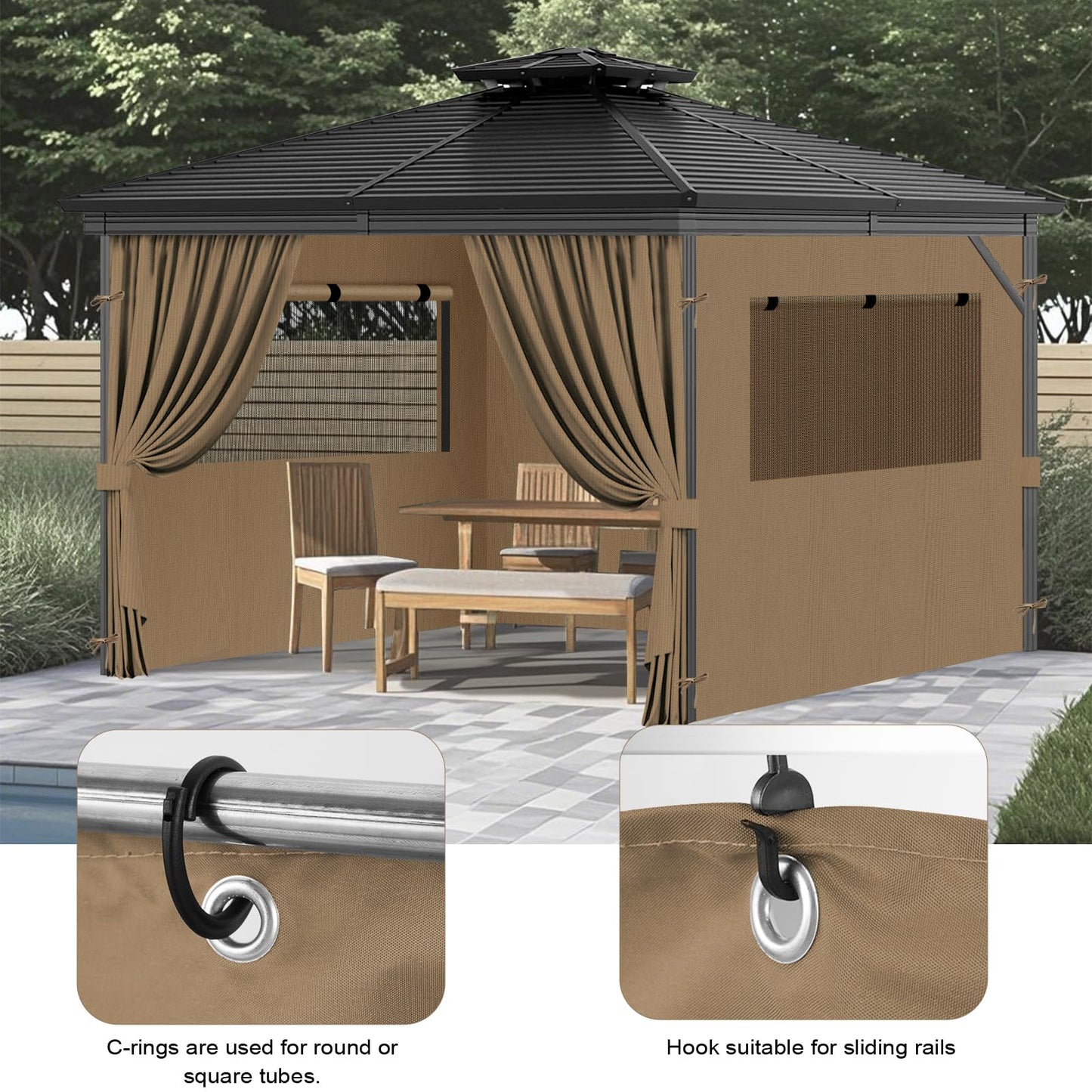 Universal Replacement Privacy Curtains for Gazebos, 10x12 ft Outdoor Waterproof with Large Mosquito-Proof Window Opening, 2-Piece Four-Sided Side Walls with Zippers (Curtains Only, Khaki)
