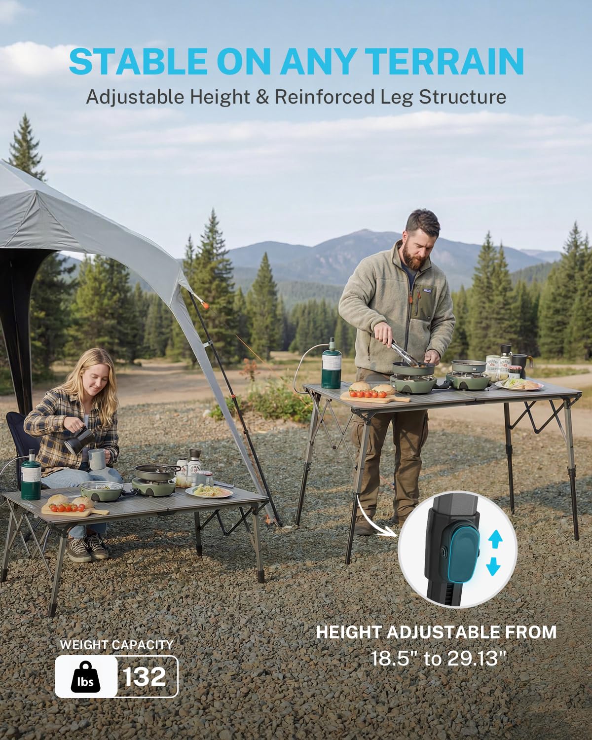 Gonex 50" Camping Table with Adjustable Height Legs for Uneven Ground, Portable Folding Aluminum Roll Up Table with Mesh Pocket for Camping, Picnic, BBQ, Cooking, Beach