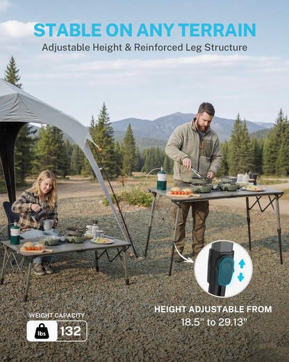 Gonex 50" Camping Table with Adjustable Height Legs for Uneven Ground, Portable Folding Aluminum Roll Up Table with Mesh Pocket for Camping, Picnic, BBQ, Cooking, Beach