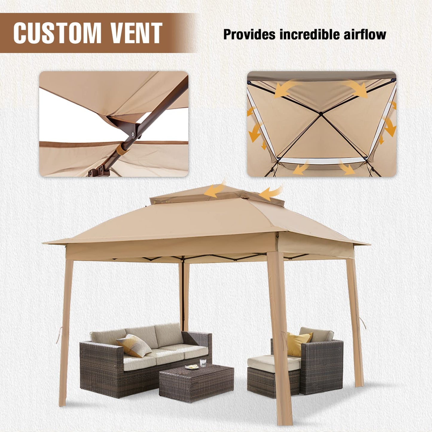 INTER HUT 11x11 Pop Up Gazebo Tent with Mesh Netting, Instant Outdoor Canopy with UPF 50+ UV Protection, Water Resistant, Khaki