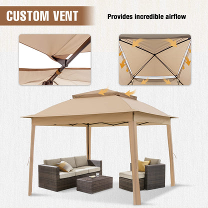 INTER HUT 11x11 Pop Up Gazebo Tent with Mesh Netting, Instant Outdoor Canopy with UPF 50+ UV Protection, Water Resistant, Khaki