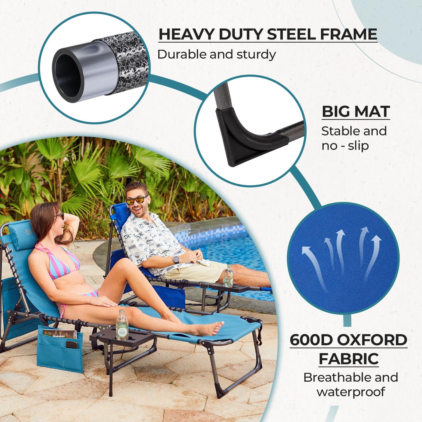 FUNDANGO 4 in 1 Tanning Chair with Face Hole, Beach Lounge Chair with Canopy Shade & Side Table Chaise Lounge Chairs for Patio, Pool, Lawn, Sunbathing, 5-Position Adjustable Sun Lounger, Blue