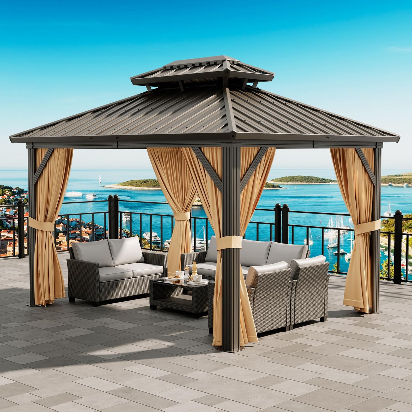 Hardtop Gazebo 10x12 FT, Garden Tent, Frame of Aluminum, Tin Roof Pavilion, Outdoor Gazebo, Sun Shed with Curtain and Netting for Backyard Patio Garden