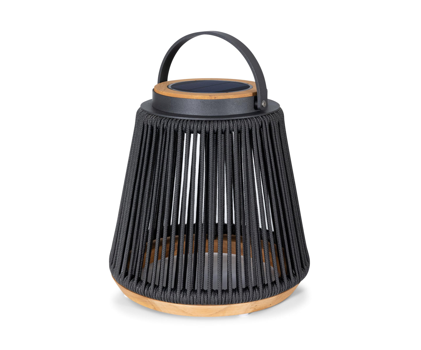 Teak Solar Lantern Outdoor, Solar & USB Rechargeable Floor Lamp, Woven Rope Modern Table Light, 3-Level Dimmable Waterproof Decor for Patio, Garden & Yard (Sicily Black Small)