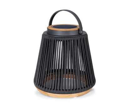 Teak Solar Lantern Outdoor, Solar & USB Rechargeable Floor Lamp, Woven Rope Modern Table Light, 3-Level Dimmable Waterproof Decor for Patio, Garden & Yard (Sicily Black Small)