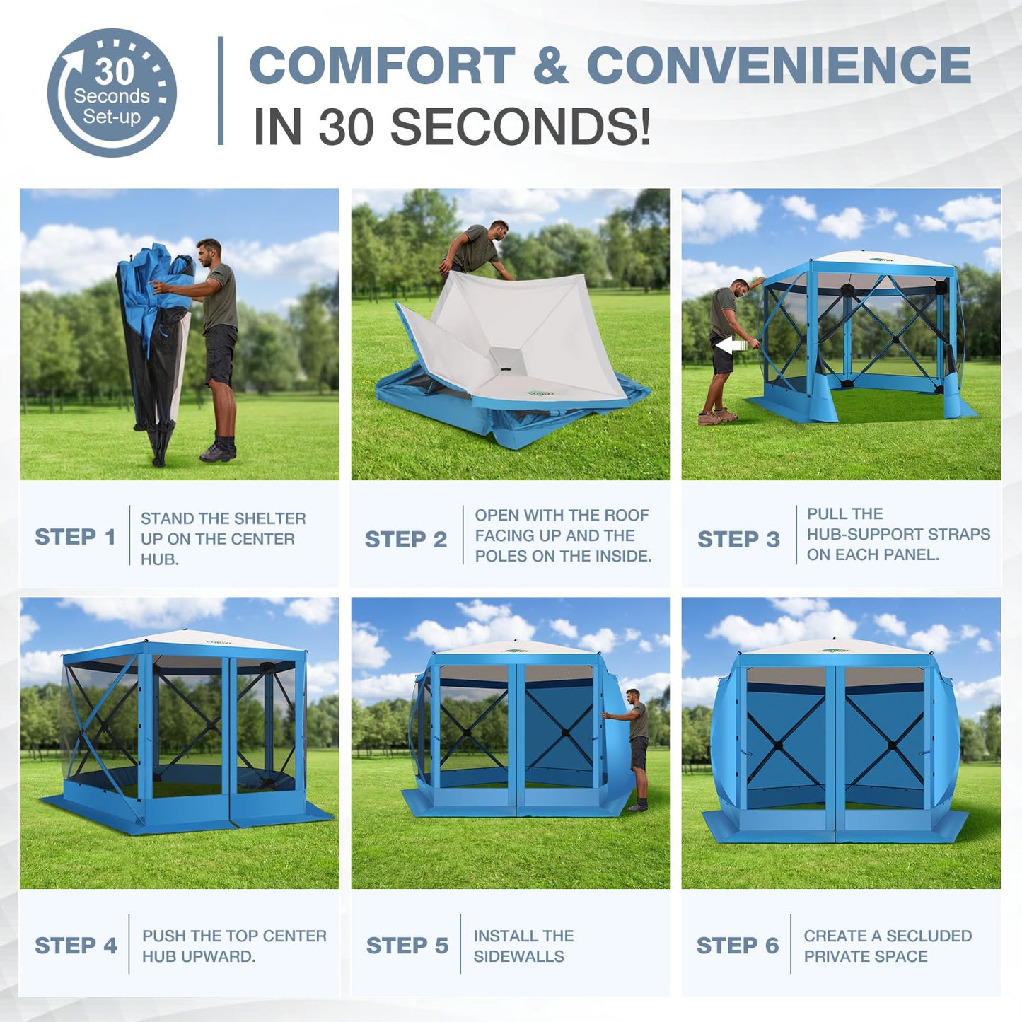 COBIZI 10x10 Pop Up Gazebo Screen Tent Screen House for Camping, Screen Room with Mosquito Netting, Hub Tent Instant Screened Canopy with Carrying Bag and Ground Stakes, Blue
