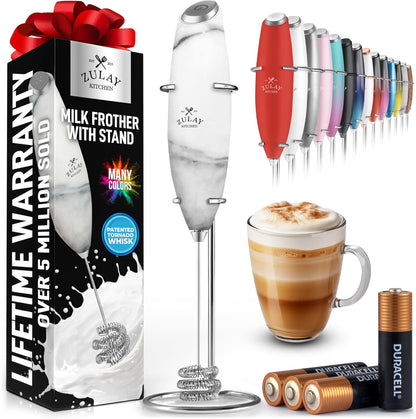 Zulay Kitchen Tornado Triple Whisk Milk Frother - Handheld Foam Maker for Coffee & Lattes | Includes 4 Duracell Batteries - Marble Finish
