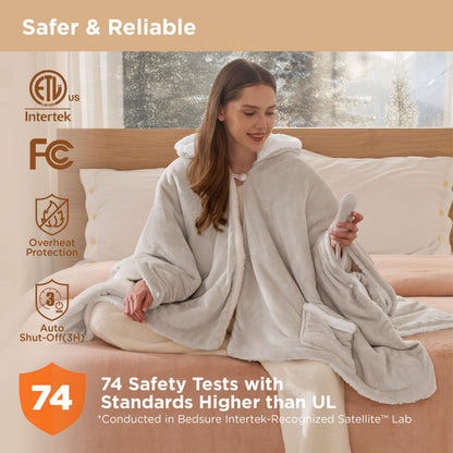 Bedsure Heated Blanket Wearable Shawl - Electric Wrap Poncho Blanket Hoodie for Adult, Birthday Gifts for Mom Women, Sherpa Heating Throw with 4 Time Settings & 6 Heat Settings, 55x64 inches, Grey