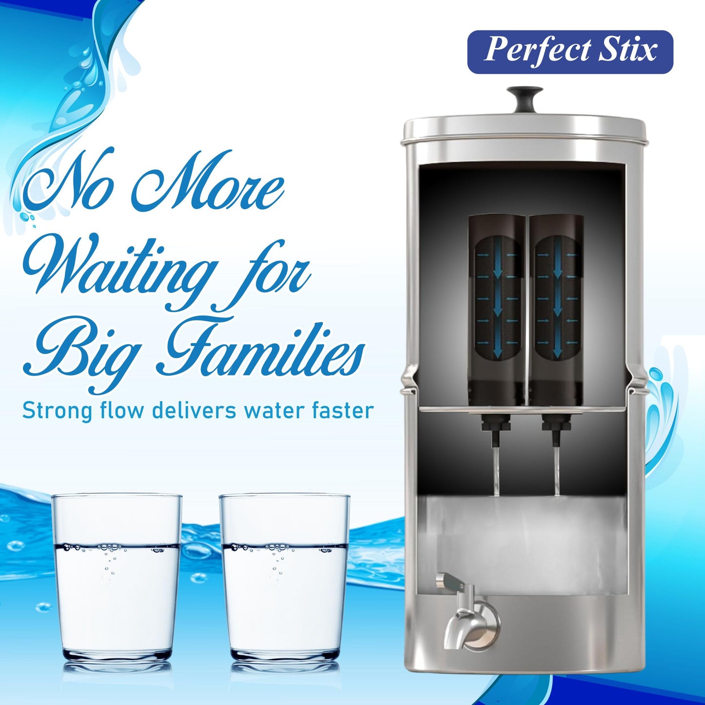 Denali Spring-2.25G (8 Liters)- Stainless Steel Gravity-Fed Water Filtration System with 2 Black Filters, SS Tap, POSTreat Filters, Vision Tap and Stainless Steel Stand