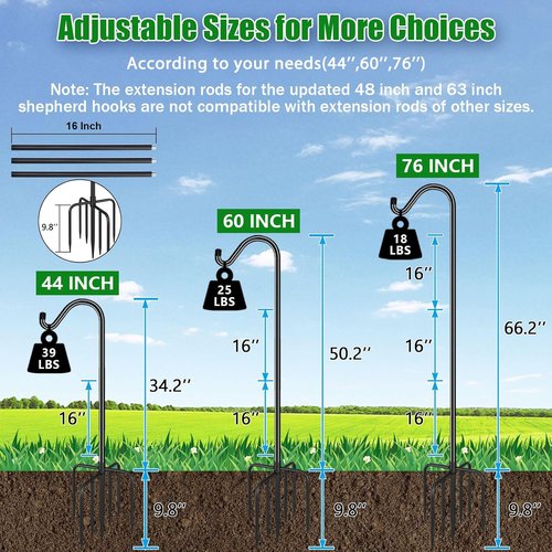 Feed Garden 76'' Heavy Duty Bird Feeder Pole - Adjustable Shepherds Hook with 7-Prong Base for Outdoor Use