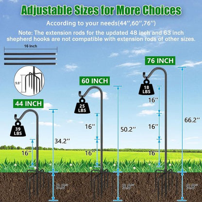 Feed Garden 76'' Heavy Duty Bird Feeder Pole - Adjustable Shepherds Hook with 7-Prong Base for Outdoor Use