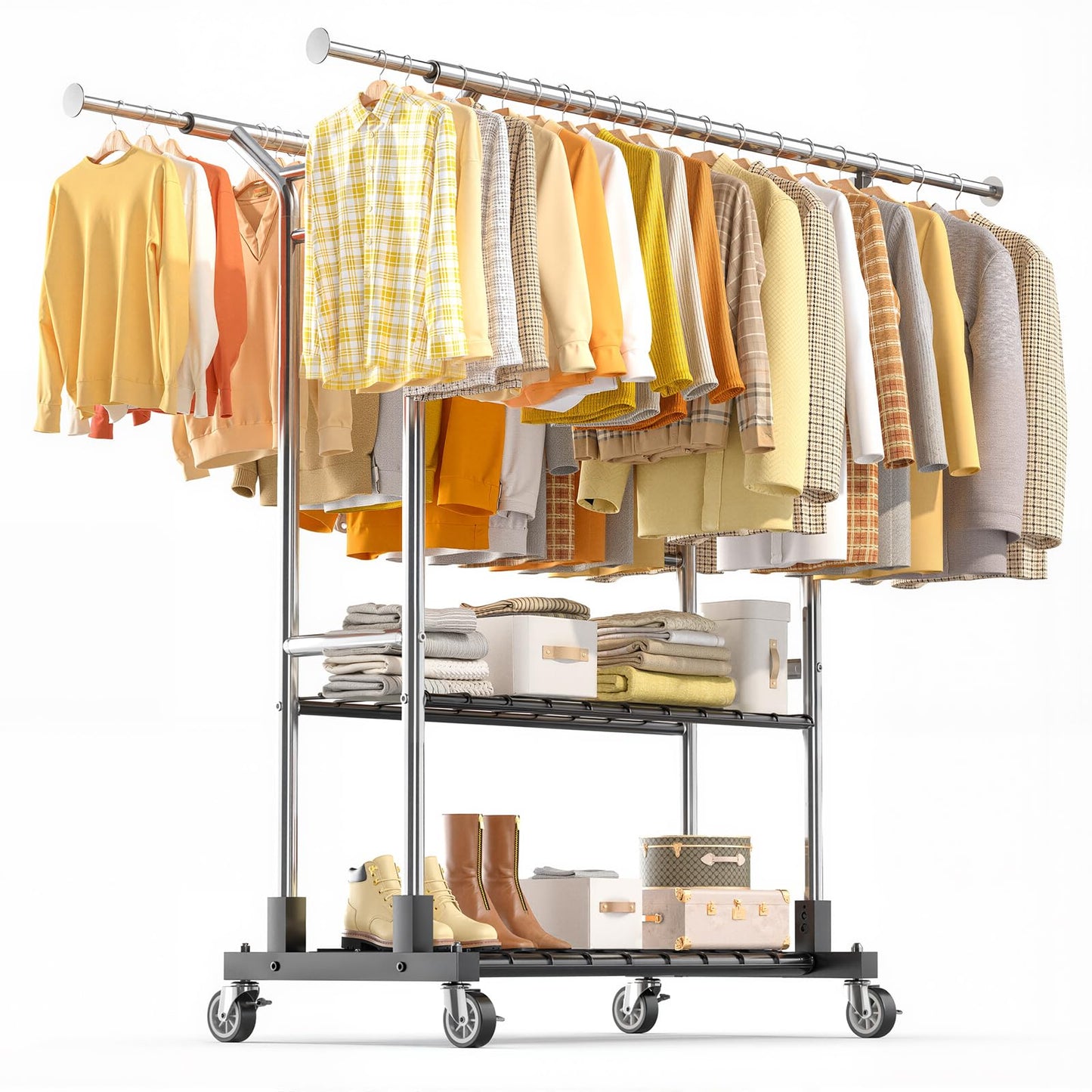 Luxspire Heavy Duty Clothes Rack Load 650 LBS, Double Rod Clothing Racks for Hanging Clothes, Rolling Garment Racks with Lockable Wheels, Shelves, Adjustable Laundry Hanging Rack, Silver