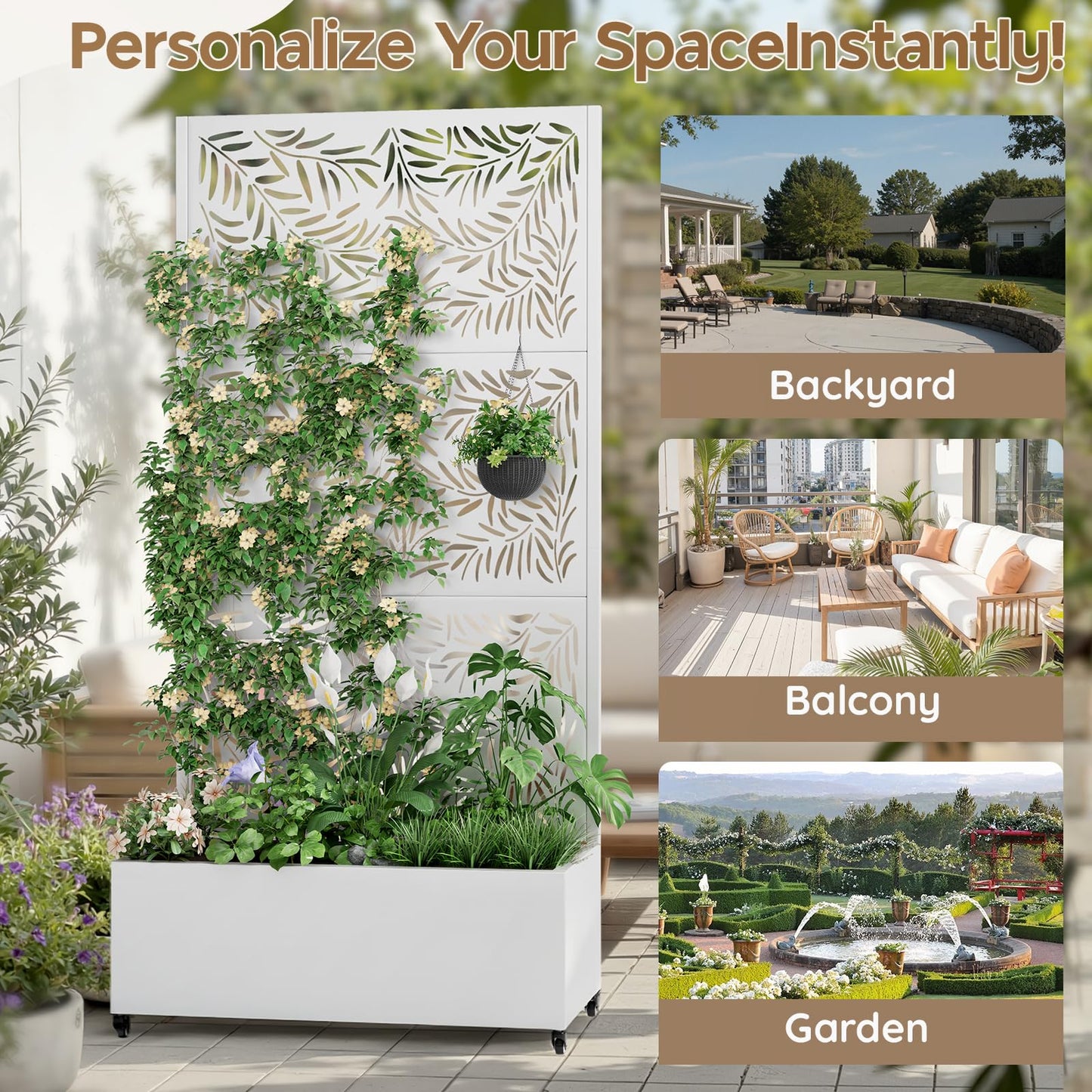 Metal Planter Box with Trellis,72"x35"x15",Galvanized Raised Garden Bed Trellis Outdoor Planter with Privacy Screen & Wheels and Drainage Holes,for Patio Climbing Vegetables,Flowers,Vines,White