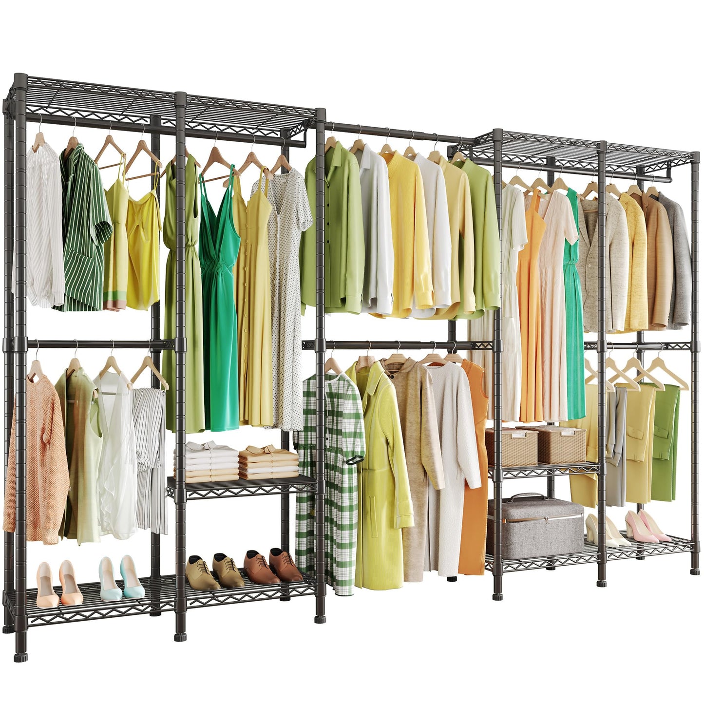 Higeego H5 Pro Heavy Duty Garment Rack, Freestanding Clothes Rack, Wardrobe Closet for Hanging Clothes, Portable Closet Organizer with Expandable Hanger Rods, (97.7-115.4")L x 15.7"W x 75.4"H, Black