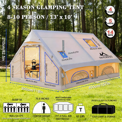 13' x 10' Large Inflatable Tent for Camping 8-10 Person, 4 Season Inflatable Hot Tent with Stove Jack, Easy Setup Blow Up Tents for Camping with Hand Pump, Waterproof Floor Matress