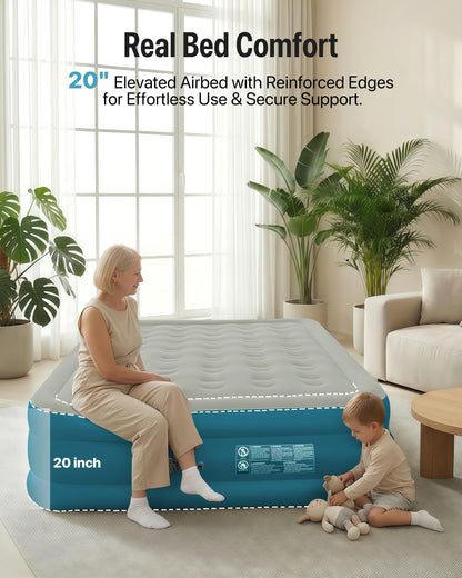 JEASONG Queen Air Mattress with Built-in Rechargeable Battery Pump & Headboard, 20 Inch Elevated Airbed Blow Up Mattress, 700 lbs Inflatable Mattress, Portable Air Bed Blow Up Bed for Home & Camping