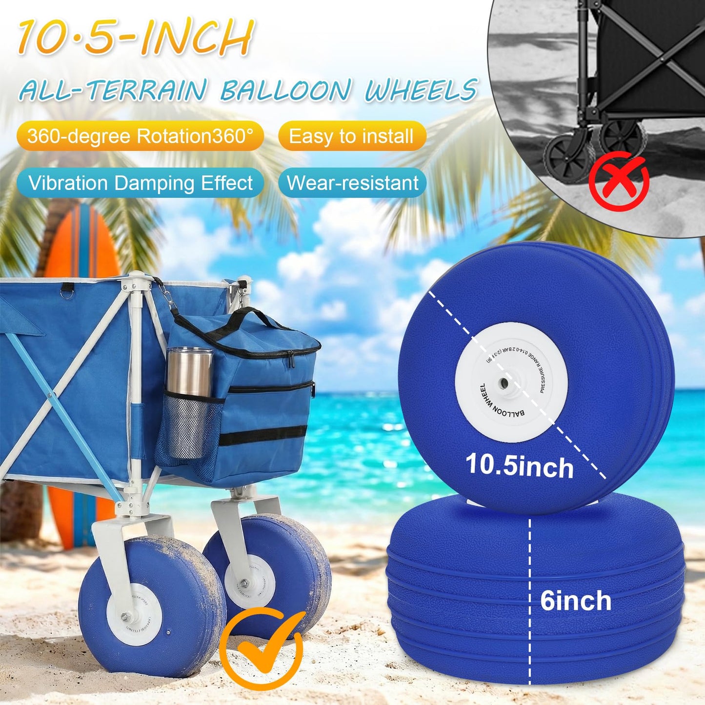 Beach Wagon with Big Wheels for Sand, Heavy Duty 350lbs Folding Beach Wagon with 10.5" All-Terrain Inflatable Wheels, Utility Cart for Camping, Outdoor Shopping, Garden & Sports, Includes Air Pump