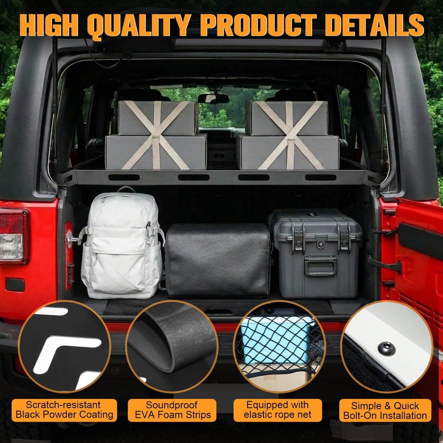 W&JWN Rear Trunk Cargo Rack Basket Tray Compatible with Jeep Wrangler JK JKU JL JLU 4-Door Hardtops 2007-2026 Sturdy Steel Interior Luggage Rack Shelf for Camping Trip Gear（400LBS）