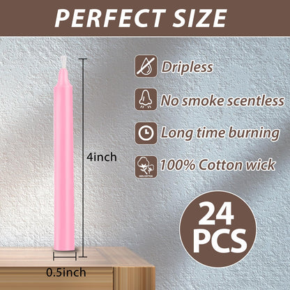 24 Pack Pink Spell Chime Candles – Premium Mini Unscented Taper Candles for Rituals, Prayer, Meditation, Altar, Spells – 4" Tall – Ideal for Witches & Spiritual Practices