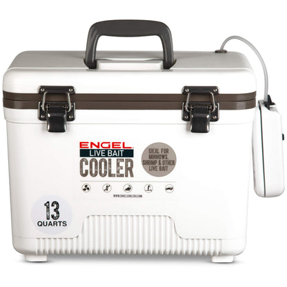 Engel 13qt Live Bait Cooler Box with 2nd Gen 2-Speed Aerator Pump - Portable Fishing Station & Minnow Bucket for Shrimp & Other Live Fish with Aerator - ENGLBC13-N in White