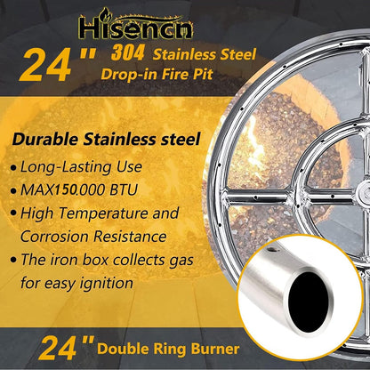 Hisencn Fire Pit Burner Ring Kit 24 Inch, 304 Stainless Steel Fire Pit Insert Round with Spark Ignition and Propane Hose Kit for Indoor or Outdoor Fire Table, LP and Propane Gas Fire Pits