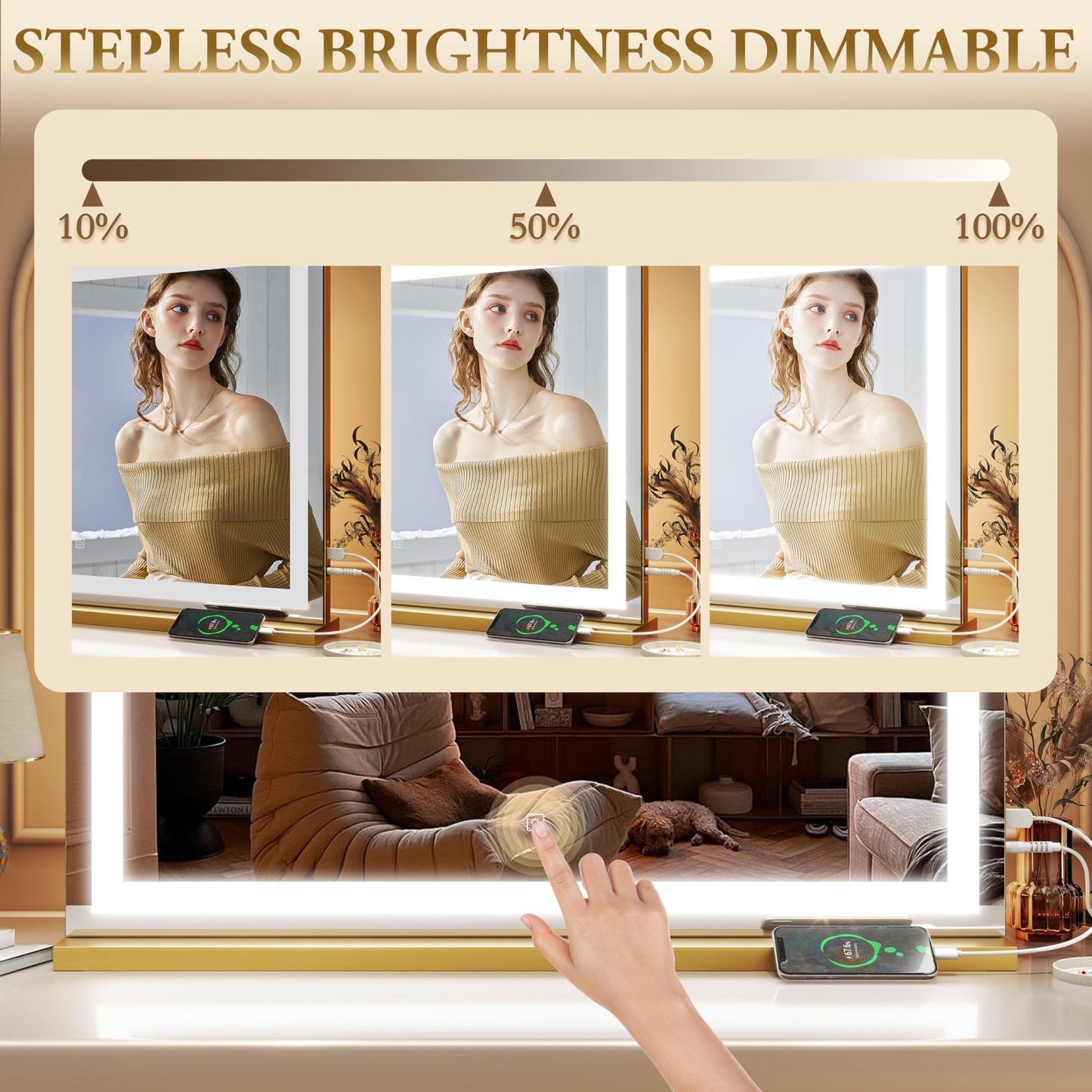 ROLOVE Vanity Mirror with Lights, 32" x 22" Large Lighted Vanity Mirror with Dimmable 3 Modes, LED Makeup Mirror, 10X Magnification, USB Charging Port, Tabletop or Wall-Mounted Square Gold