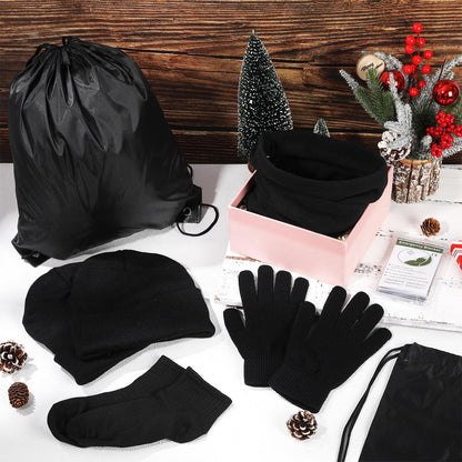 144 Pcs Homeless Care Package Supplies Bulk Winter Beanie Hats Emergency Blankets Sock Gloves Scarf Unisex Draw String Bag Winter Gloves, Scarves, Hats for Charity Church Donation Black