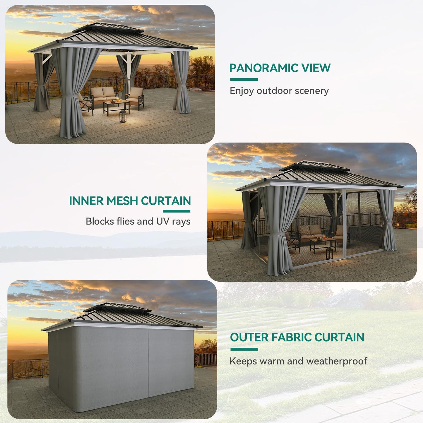 YITAHOME White Gazebo Hardtop 10x12ft Double Roof Aluminum Frame Galvanized Outdoor Gazebo with Netting and Shaded Curtains Garden Tent for Patio, Backyard, Deck and Lawns, Grey Curtain