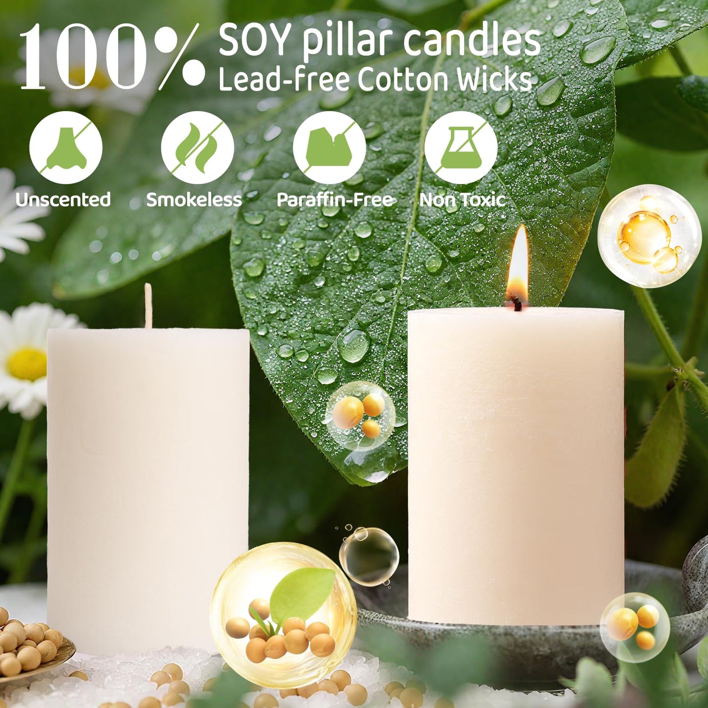 6 Pack Soy White Pillar Candles,Natural Soybean Pillar Candles,330 H Long Burning,2.8x4in Non-Toxic,Unscented,Dripless and Smokeless Rustic Hand-Poured Candles Dinner Table,for Wedding,Home