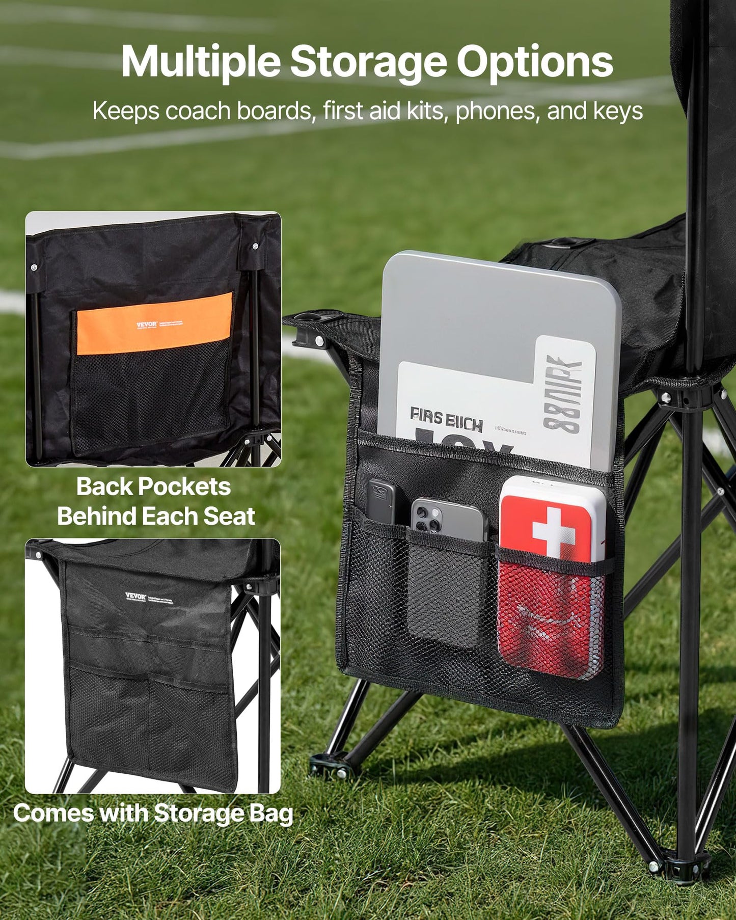 VEVOR Portable Folding Bench, 6 Seat Soccer Bench with Multiple Storage Pockets & Carrying Bag, Lightweight Sideline Seating with Back Rest for Football, Baseball, Camping, Outdoor Events, Black