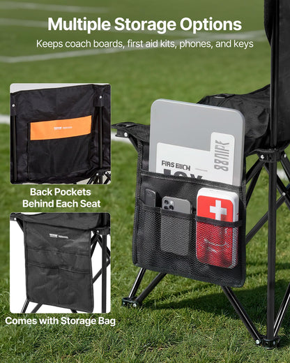VEVOR Portable Folding Bench, 6 Seat Soccer Bench with Multiple Storage Pockets & Carrying Bag, Lightweight Sideline Seating with Back Rest for Football, Baseball, Camping, Outdoor Events, Black