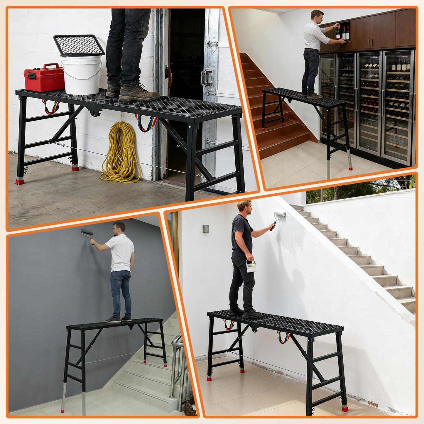 Foldable Scaffolding Platform, Height Adjustment 70.9x15.7x35.4-57 in Portable Welded Steel Work Platform, 770 lbs Capacity, Industrial Step Ladders Ideal for Home Improvement, Wiring and Painting