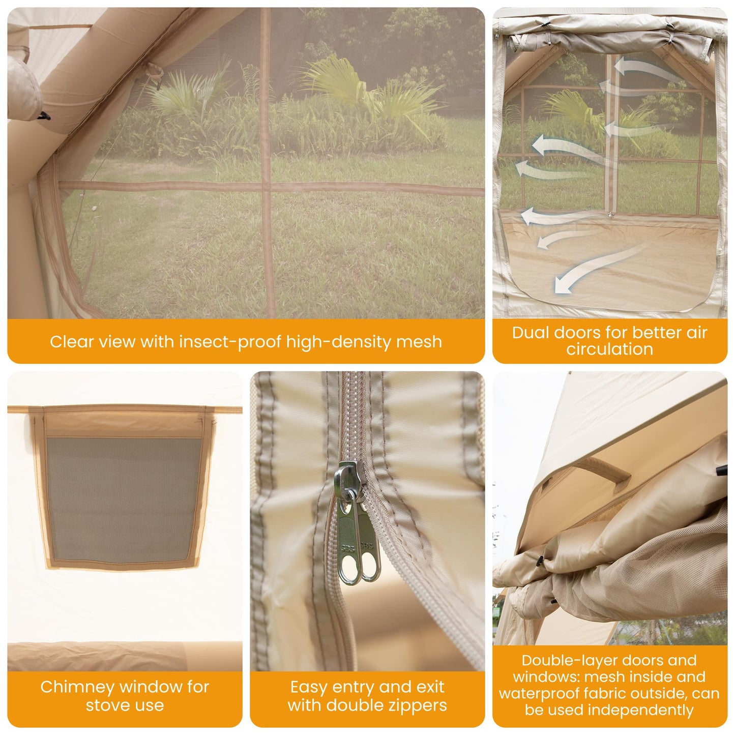 Inflatable Tent for Camping 4-6 Person, Blow Up Glamping Tents with Pump, Quick Setup Cabin Air House with Panoramic Skylight and Front Canopy, Waterproof Oxford Family Outdoor Shelter, Beige