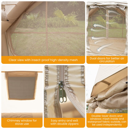 Inflatable Tent for Camping 4-6 Person, Blow Up Glamping Tents with Pump, Quick Setup Cabin Air House with Panoramic Skylight and Front Canopy, Waterproof Oxford Family Outdoor Shelter, Beige