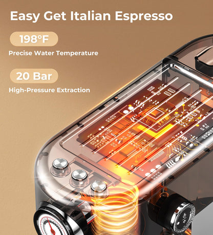 atatix Espresso Machine with Milk Frother, 20 Bar Pressure Espresso Maker, with 44OZ Removable Tank, Compact Stainless Steel Coffee Machine for Home, Office, Latte, Cappuccino, Macchiato, Silver