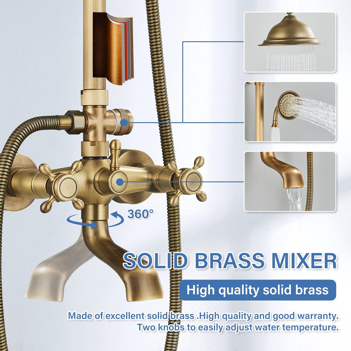 MOSSON Antique Brass Shower System Bathroom Shower Faucet Set with 8 Inch Shower Head Handheld Spray and 360 ° Rotation Tub Spout 2 Cross Handles Outdoor Shower Fixtures