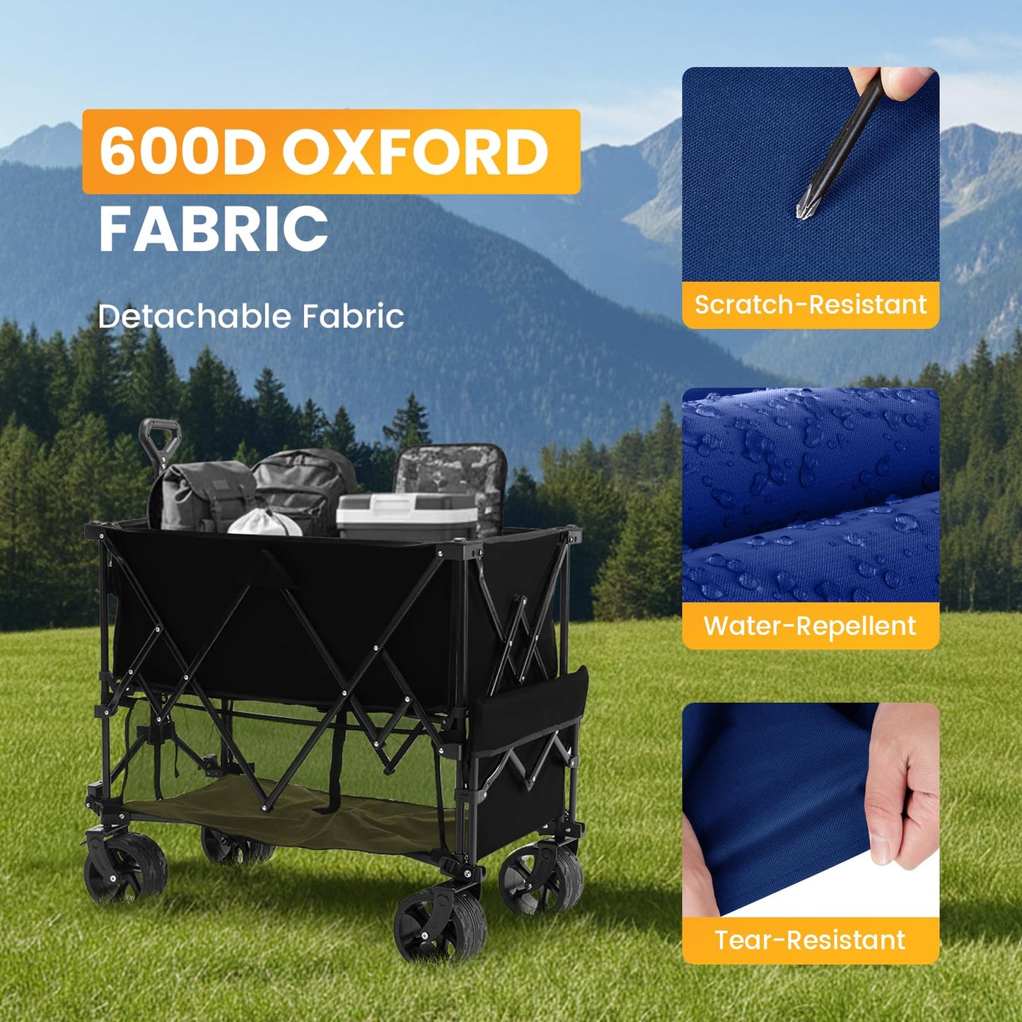 NEWBULIG Large Capacity Folding Double Decker Wagon with Brakes, 440lbs Wagons Carts Foldable Wagon Cart with Flexible Handle, All-Terrain Big Wheels for Grocery Sports Garden Camping