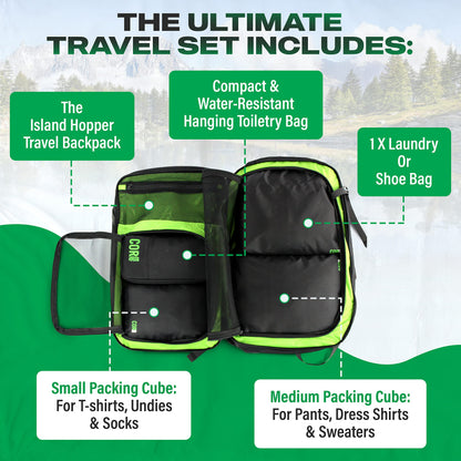 COR Surf Carry On Travel Backpack Bundle | Island Hopper Travel Backpack with Toiletry Bag and Compression Packing Cube Set (40L, Black)